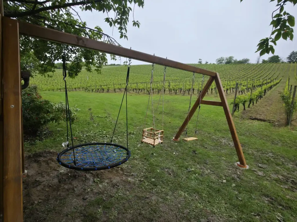 “Ljuljačka u dvorištu uz vinograd, s drvenom konstrukcijom i pogledom na zelenilo i brežuljke.