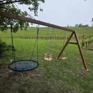 “Ljuljačka u dvorištu uz vinograd, s drvenom konstrukcijom i pogledom na zelenilo i brežuljke.